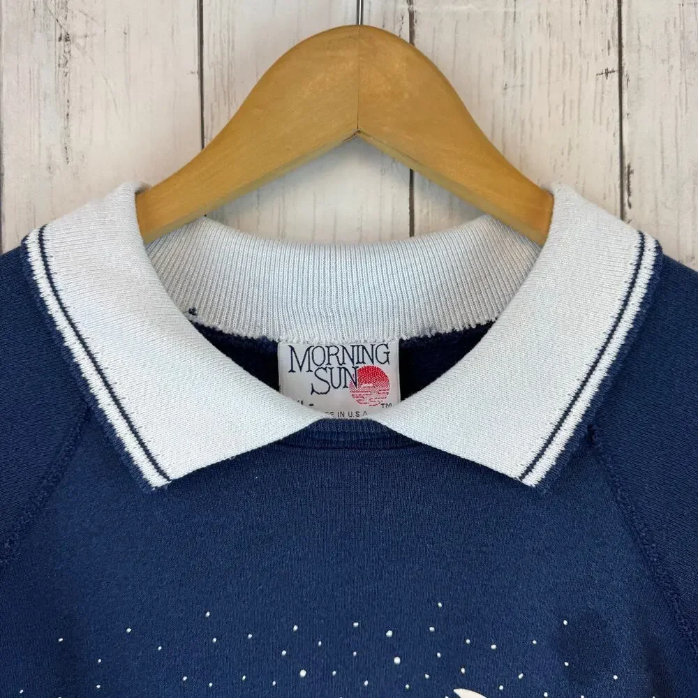 VTG Morning Sun Blue Collared Sweatshirt Grandma Winter Forest Forrer Size XL